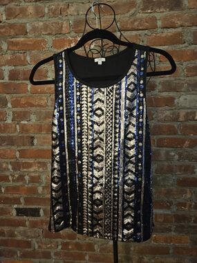 OVS Women's Black  Gold and Blue Striped Sequin Tank Top
